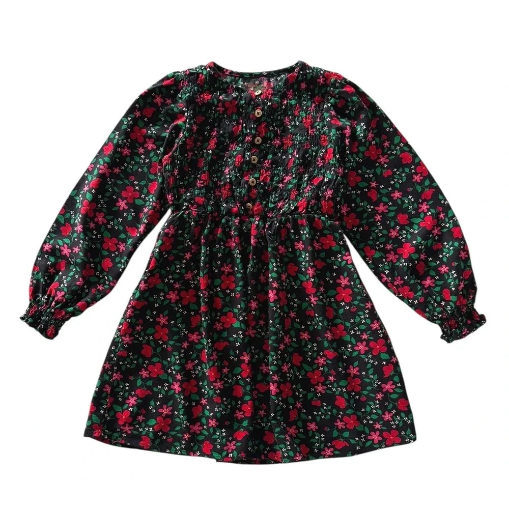 Cat‎ & Jack Girls Size M (8) Floral Print Long Sleeve Dress Casual Party Black